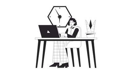 Fototapete - office worker at desk bw animation. animated character office woman at workplace. monochrome 2d flat