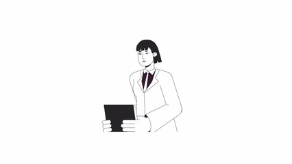 Fototapete - Female employee bw animation. Animated character serious office worker holding papers. Monochrome 2D flat outline cartoon 4K video, white background, alpha channel transparency for web design