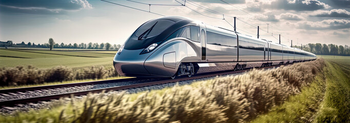 Wall Mural - A high-speed train is driving at full speed in the countryside. AI-generated image