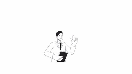 Fototapete - Entrepreneur lightbulb bw animation. Animated character man with inspiration thoughts. Monochrome 2D flat outline cartoon 4K video, white background, alpha channel transparency for web design