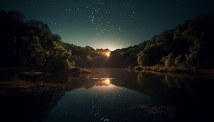 Wall Mural - Tranquil scene of illuminated galaxy reflected in peaceful forest pond generated by AI