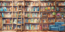 Classic Bookshelf Anime Style Watercolor Background