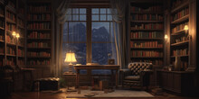 classic style room with bookshelf for writers , rain outside windows , anime style background