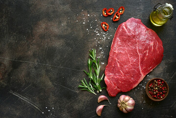 Poster - Raw organic beef steak with spices . Top view with copy space.