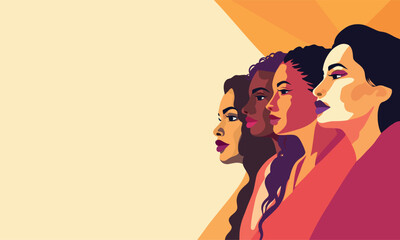 Vector flat horizontal banner for International Women's Day, women of different cultures and nationalities stand side by side together. Vector concept of movement for gender equality and women empower