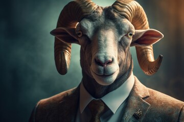 Anthropomorphic ram dressed in a suit like a businessman. Business Concept. AI generated, human enhanced