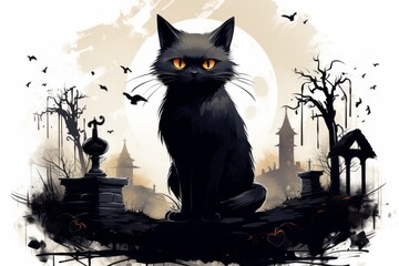 Wall Mural - Black cat in a cemetery in a creative drawing style. The concept of superstition. AI generated, human enhanced