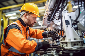 Wall Mural - Engineer checking and controlling automated robotic arms in industrial factory with welding robotics. AI generated