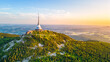 © pyty - Sunny evening at Jested Mountain with unique building on the summit. Liberec, Czech Republic. Aerial view from drone.