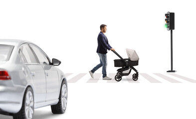 Poster - Father with a pushchair crossing at a pedestrian crosswalk