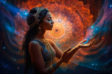 Illustration of beautiful young Indian woman meditation on esoteric shine background . Generative AI