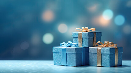 Captivating festive scene with three shimmering blue gift boxes set against a stunning blue and gold gradient background, creating an enchanting atmosphere of celebration and joy. AI generated