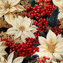 Christmas Seamless Vector Background With White And Gold Poinsettia Flowers And Red Berries, Vintage Watercolor Style.