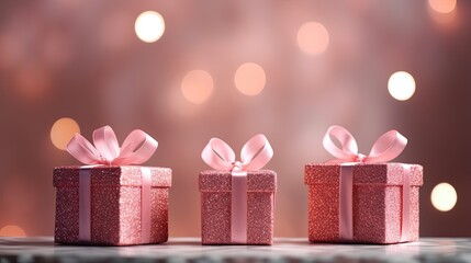 Captivating festive scene with three shimmering pink gift boxes against a stunning pink and gold gradient background, creating an enchanting atmosphere of celebration and joy. AI generated