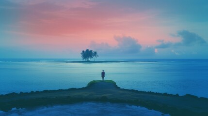 Wall Mural - lonely man observing the immense nature, meditating tranquility and zen state