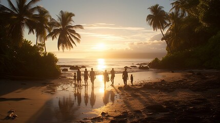 Wall Mural - people playing and having fun on the shore of the beach with a sunset in the background, palm trees and stones around