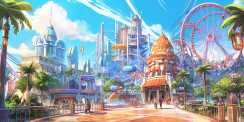 Wall Mural - theme amusement park with roller coasters anime style background