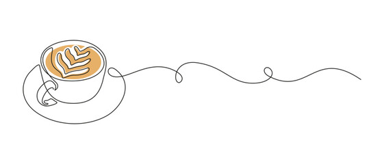 Aufkleber - One continuous line drawing of cup coffee with latte art. Minimalist silhouette concept breakfast for cafe menu and web banner in simple linear style. Editable stroke. Doodle Vector illustration