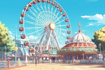 Wall Mural - Theme park amusement park animation background with Ferris wheel anime style