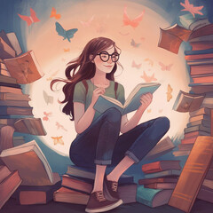 National Book Lovers Day cartoon of a young woman surrounded by books reading generative AI illustration