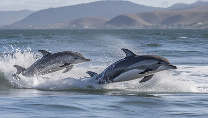 Sticker - Playful dolphins jumping and splashing in the blue sea water generated by AI