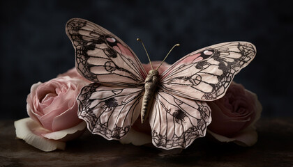 Poster - Multi colored butterfly wing showcases beauty in nature fragility generated by AI