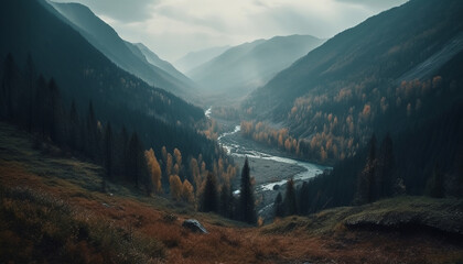 Poster - Tranquil scene of a mountain range in autumn with fog generated by AI