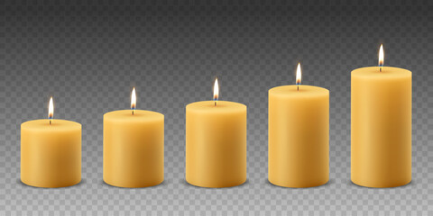 Vector 3d Realistic Yellow, Orange Paraffin Wax Burning Party, Spa Candle Set with Flame of a Candle, Isolated. Different Size Collection. Design Template, Front View