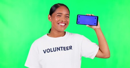 Sticker - Happy woman, phone mockup and green screen, volunteer for community service on app and advertising. Female person in portrait, sign up website and register with tracking marker on studio background