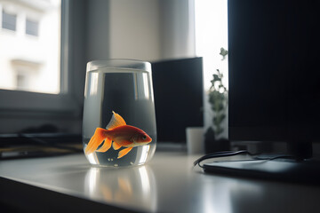 Single goldfish swimming in round glass bowl aquarium. Generative AI