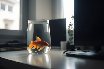 Wall Mural - Single goldfish swimming in round glass bowl aquarium. Generative AI