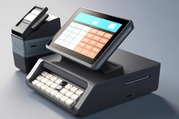 Close-up view of a modern point of sale system with touchscreen display and receipt printer, isolated on a white background