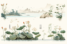 Chinese And Japanese Style Water Botanical Graphic Frame