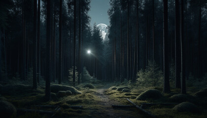 tranquil scene of a mysterious forest in the dark night generated by ai