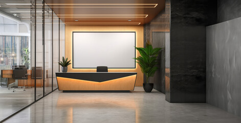 Wall Mural - corporate branding white blank frame mockup with modern business offices reception background - Generative AI