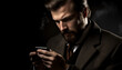 © Jemastock - Confident businessman holding mobile phone, texting success in black background generated by AI