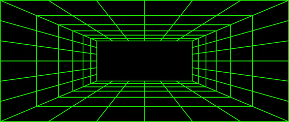 Poster - Green neon wireframe grid room. 3d perspective background. Futuristic digital outline space. Geometric design. Vector template illustration