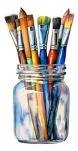 Beautiful Watercolor Paint Brushes In A Jar Hand Drawn Illustration Isolated.