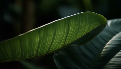 Poster - Vibrant palm frond in wet tropical climate, focus on foreground generated by AI