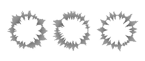 Poster - Radial sound waves collection. Round music equalizer bar set. Black audio chart pack. Abstract circle radio and voice signal symbol or icon for podcast, app, player. Vector element bundle.