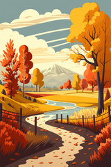 Generative AI. Hello autumn colorful web banner. Autumn landscape with falling leaves, grass, trees and mountains. Colorful decorative background for promo flyer, web page, card. 