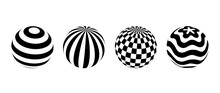 Collection Of Spheres With Different Patterns. Striped, Checkered And Waved 3d Balls Set. Black And White Geometric Elements For Design Templates, Icons, Logo. Abstract Vector Globes Pack. 