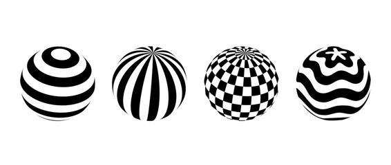 collection of spheres with different patterns. striped, checkered and waved 3d balls set. black and 