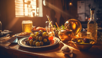 Canvas Print - Rustic table adorned with gourmet appetizers, wine bottle and fresh fruit generated by AI