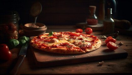 Wall Mural - Rustic pizza baked on wooden table with fresh mozzarella and vegetables generated by AI