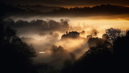 Poster - Tranquil sunrise over rural farm, autumn forest and chapel silhouette generated by AI