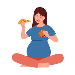 Hungry pregnant woman eating unhealthy fast food in flat design on white background.