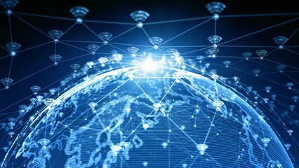 Fototapete - Wifi icon on digital abstract background 4k, Global Technology digital data network connections background, Technology wireless data transmission extremely high throughput.