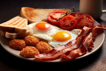 Wall Mural - Delicious English Breakfast. Eggs, Beans, Sausages, Tomatoes & Toast