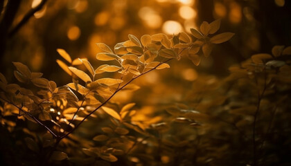 Wall Mural - Vibrant autumn foliage in defocused forest, backlit by sunlight generated by AI